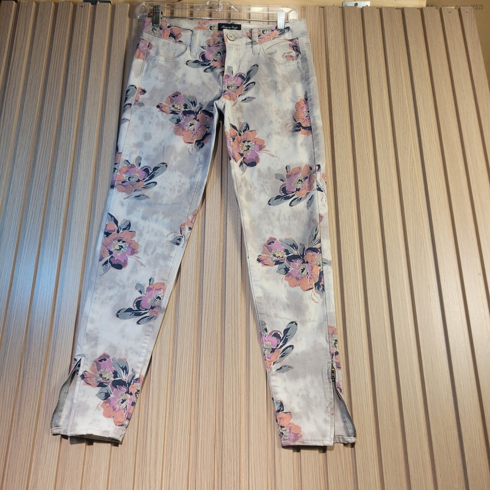 American Eagle Floral Jegging Women 4 Grey Pink Good Low Rise Ankle Zip Skinny